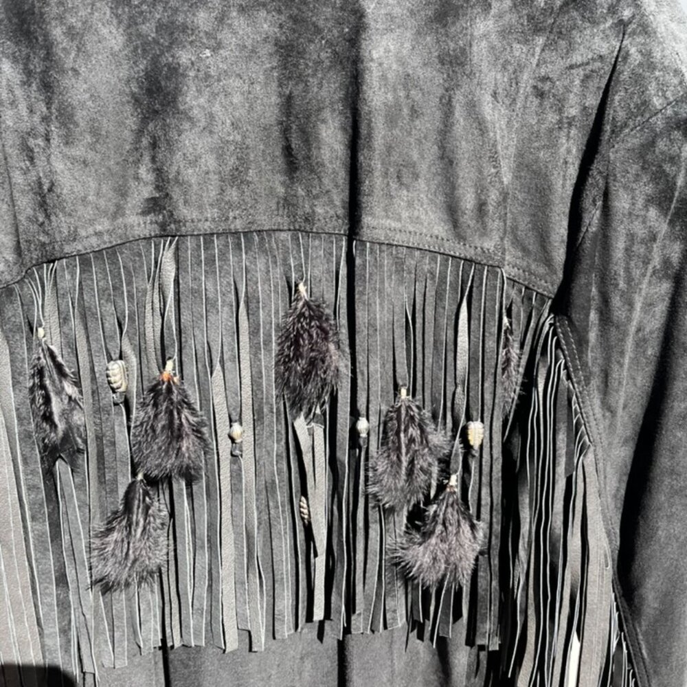 Women's Vintage (90s) Black Leather Fringe Western Duster - Picture 8 of 10